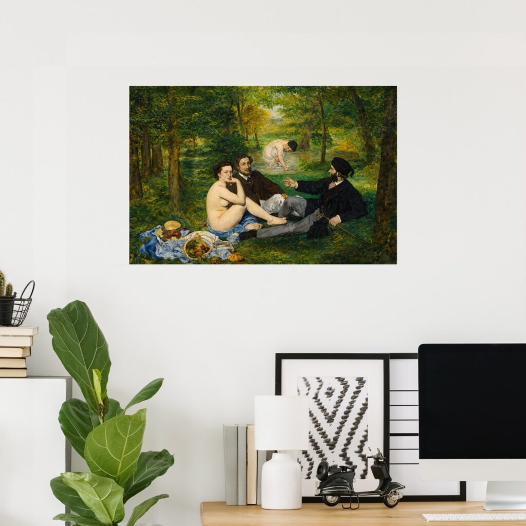 Poster print of “The Luncheon on the Grass” by Edouard Manet, featuring the iconic 1863 picnic scene in a lush woodland setting, classic art wall decor.
