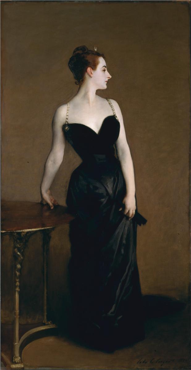 John Singer Sargent’s 1884 painting “Madame X” showing a fashionable woman in a black evening gown standing in profile beside a table against a warm brown background.