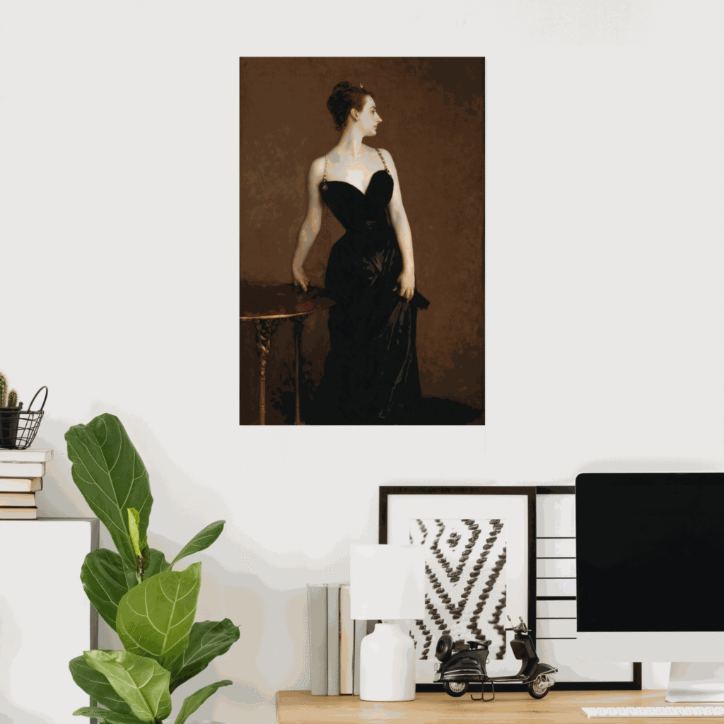 Madame X poster by John Singer Sargent, elegant 1884 portrait print featuring a woman in a black gown, displayed as classic wall art for home or office decor.