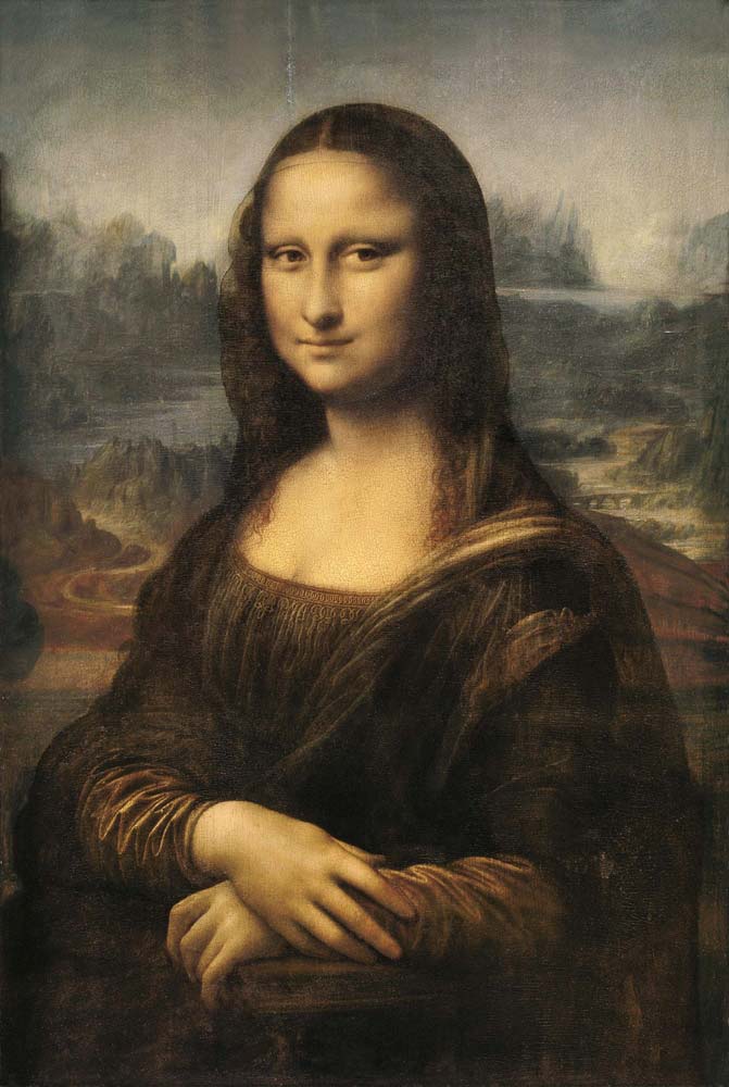Leonardo da Vinci’s Mona Lisa, a Renaissance portrait of a seated woman with a subtle smile, folded hands, and a dreamlike landscape in the background.