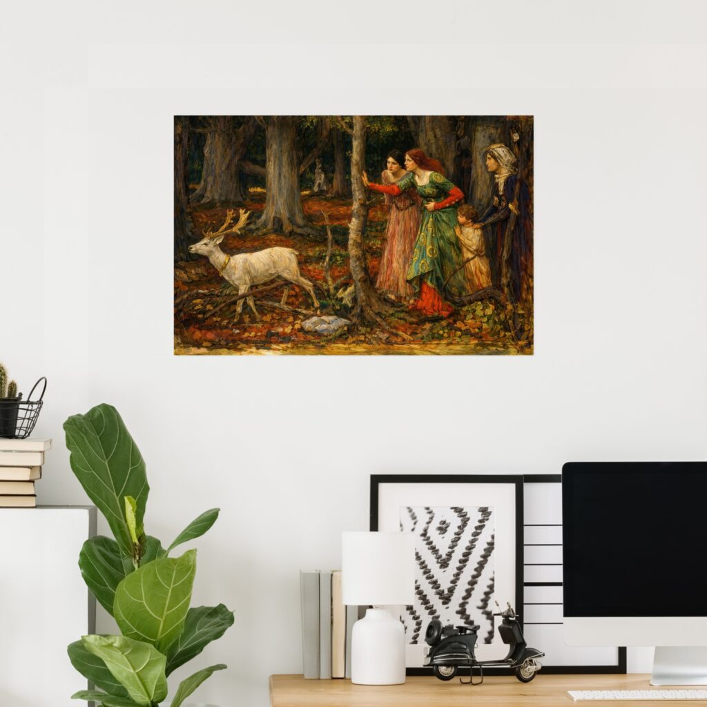Poster of “The Mystic Wood” by John William Waterhouse, featuring women in a shadowy autumn forest watching a white stag, classic Pre-Raphaelite wall art print.