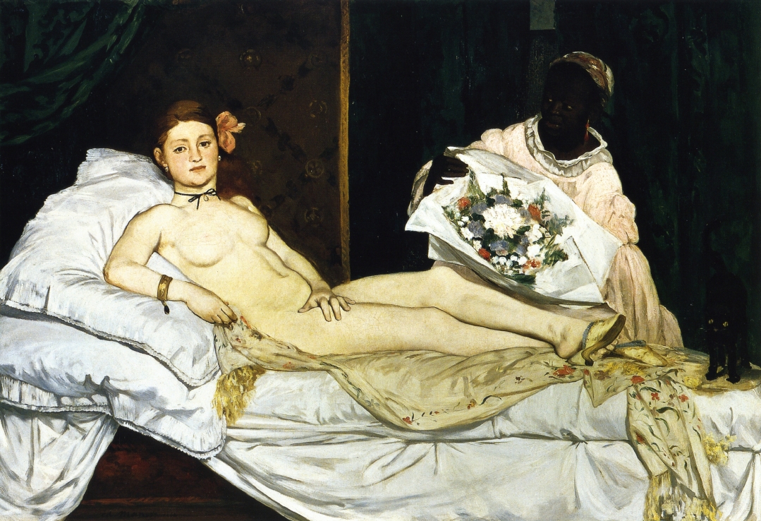 Edouard Manet’s “Olympia” shows a nude woman reclining on a white bed, staring directly at the viewer, while a maid stands behind her holding a bouquet and a black cat appears at the foot of the bed.