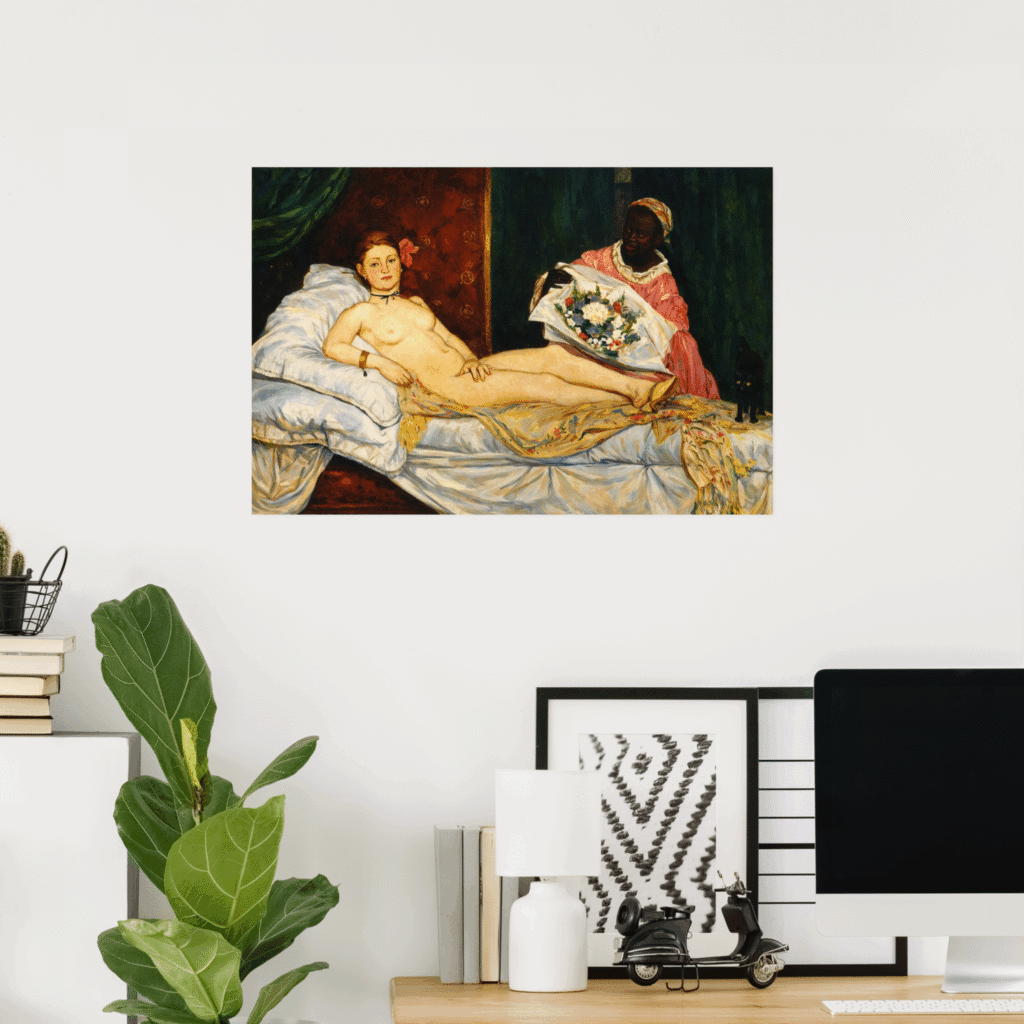 Poster of Olympia by Edouard Manet, featuring the famous 1863 reclining nude painting with rich contrast, elegant bedding, floral details, and a dark interior background.