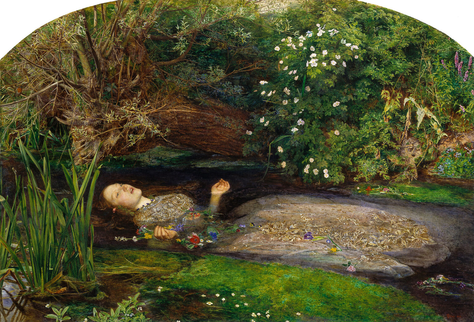 John Everett Millais’s “Ophelia” shows the tragic Shakespearean heroine floating in a flower-filled stream, surrounded by dense green vegetation and dark reflective water, her pale face and embroidered dress glowing against the lush riverbank.