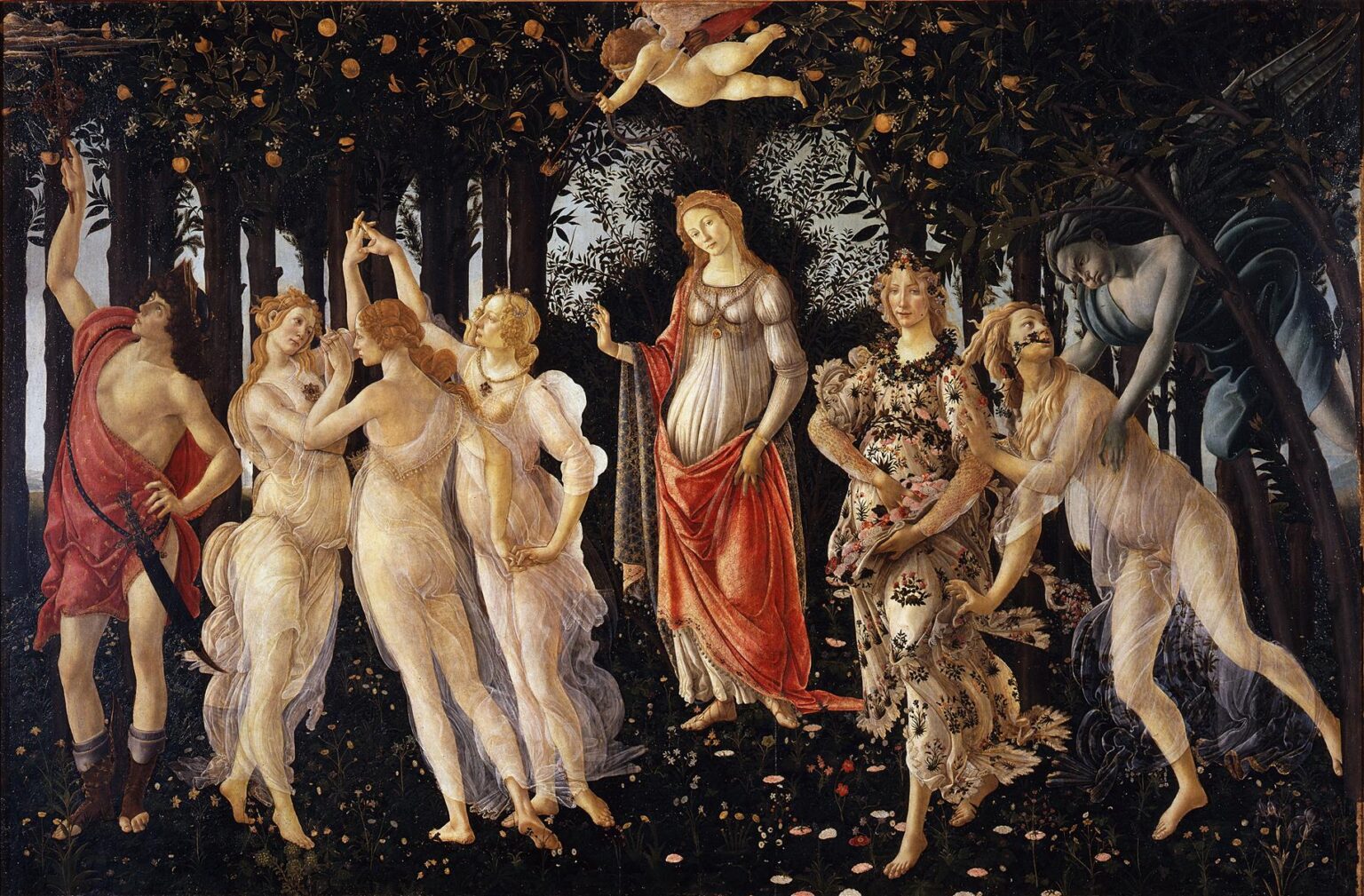 Sandro Botticelli’s “The Spring (Primavera)” showing Venus at the center of a flowering orange grove, surrounded by the Three Graces, Mercury, Flora, Chloris, Zephyrus, and Cupid above.