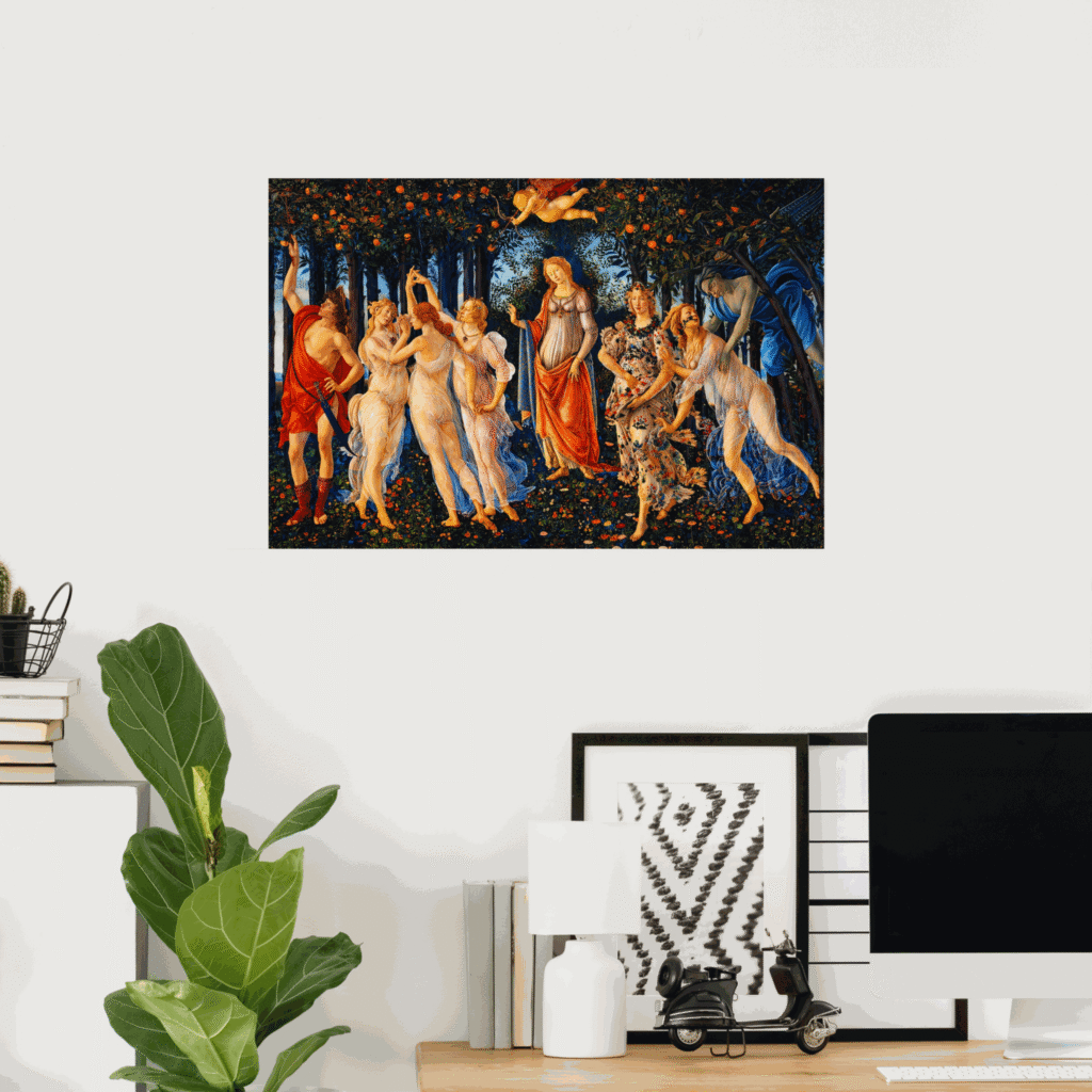 Poster of The Spring (Primavera) by Sandro Botticelli, a Renaissance painting showing Venus, the Three Graces, Mercury, Zephyrus, Flora, and Cupid in a lush orange grove filled with flowers.
