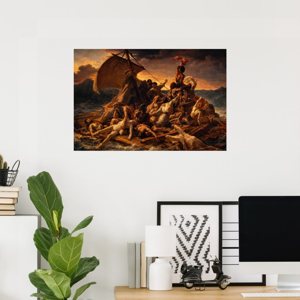Poster of The Raft of the Medusa by Théodore Géricault displayed on a modern home office wall, featuring shipwreck survivors crowded on a raft at sea beneath a dramatic sunset sky.