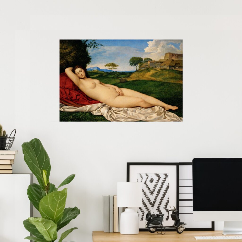 Poster of The Sleeping Venus by Giorgione displayed on a minimalist home office wall, featuring the reclining nude Renaissance figure against a serene landscape with soft blue sky, green hills, and distant village buildings.