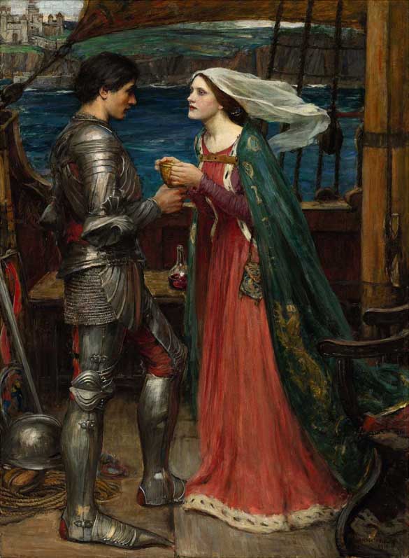 John William Waterhouse, Tristran and Isolde (1916), a knight in silver armor and a woman in a red gown and green cloak face each other on a ship while sharing a cup, with wind-blown veil, rigging, and a blue sea behind them.