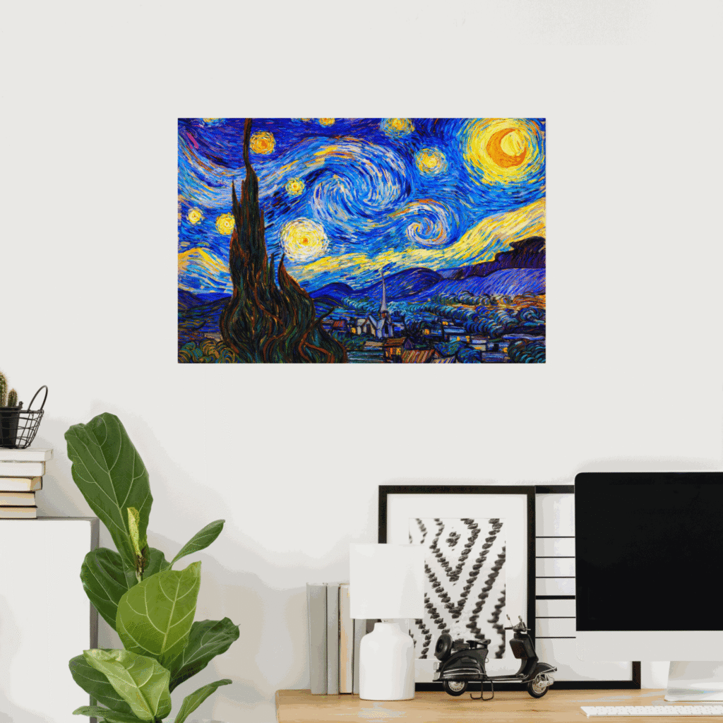 Poster of The Starry Night by Vincent van Gogh, featuring a swirling blue night sky, bright yellow stars, a glowing moon, a dark cypress tree, and a quiet village below.