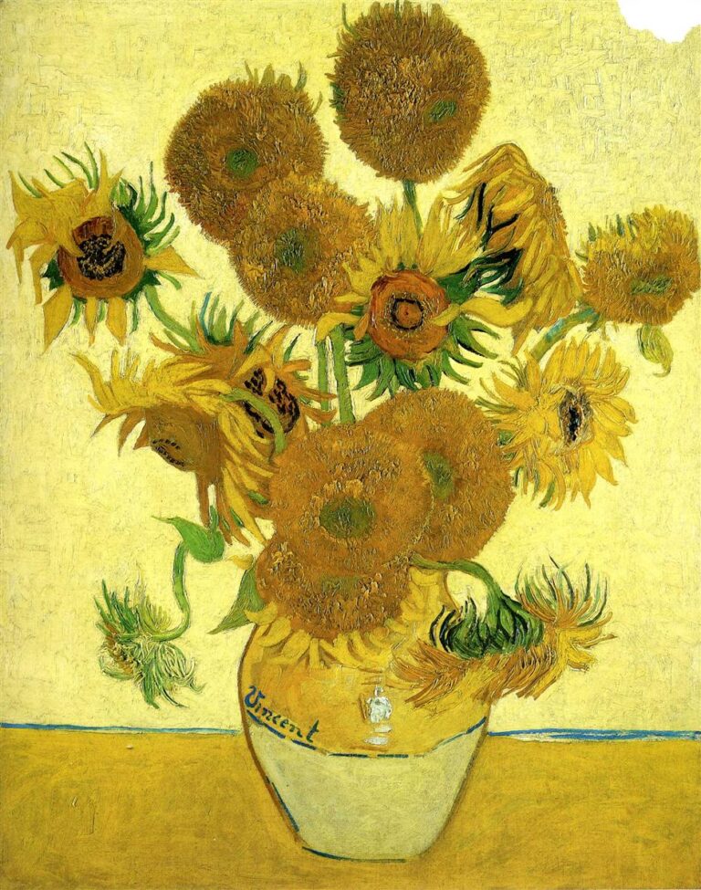 Vincent van Gogh’s “Vase with Fifteen Sunflowers” from 1888, showing a yellow vase filled with sunflowers in different stages of bloom and decay against a pale yellow background.