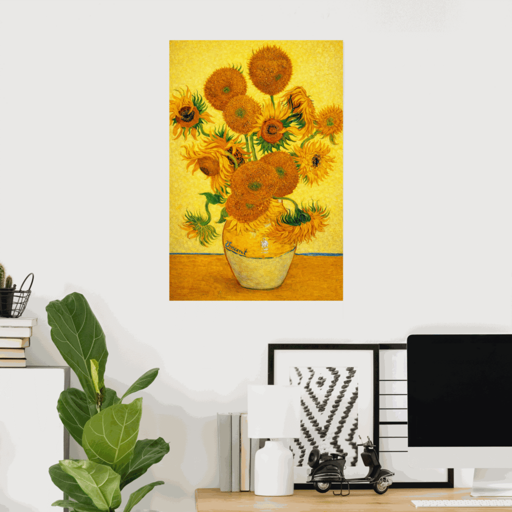 Poster of Vase with Fifteen Sunflowers by Vincent van Gogh, featuring a bright yellow bouquet of sunflowers in a vase on a yellow background, ideal for home office wall art.