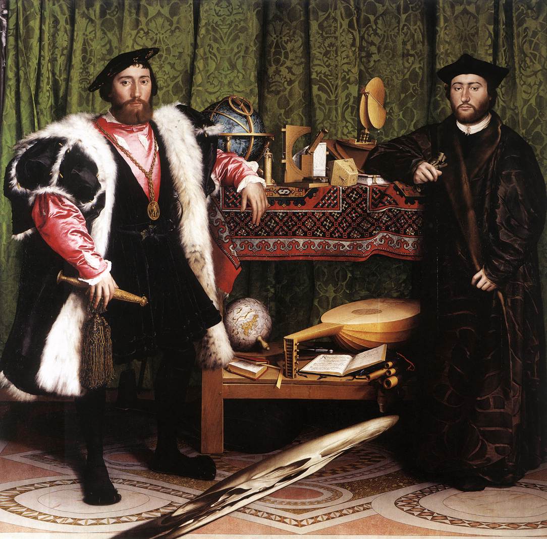 Hans Holbein the Younger’s “The Ambassadors” (1533), showing two richly dressed men standing beside shelves filled with scientific instruments, books, and a lute, with a distorted skull stretched across the foreground.