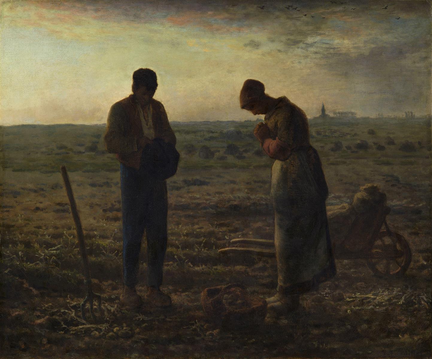Jean-Francois Millet’s 1859 painting “The Angelus,” showing two peasants paused in prayer in a potato field at dusk, with a wheelbarrow, tools, and a distant church on the horizon.