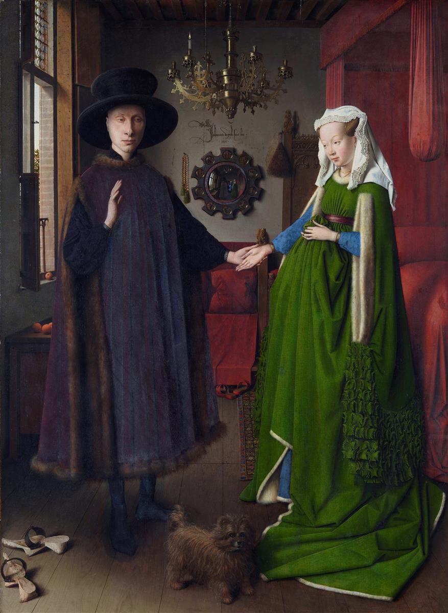 Jan van Eyck’s The Arnolfini Portrait, painted in 1434, showing a wealthy couple standing in a richly detailed interior with a convex mirror, chandelier, dog, red bed, and symbolic household objects.