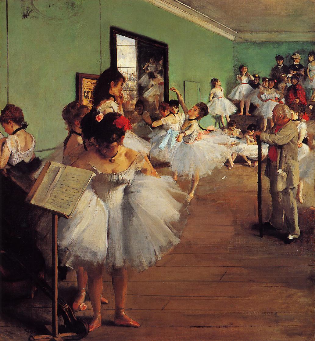 Edgar Degas’s “The Dance Class” shows a crowded ballet rehearsal room with young dancers in white tutus, a dance master at right, green walls, wooden floors, and multiple figures resting, stretching, and practicing in an intimate studio interior.