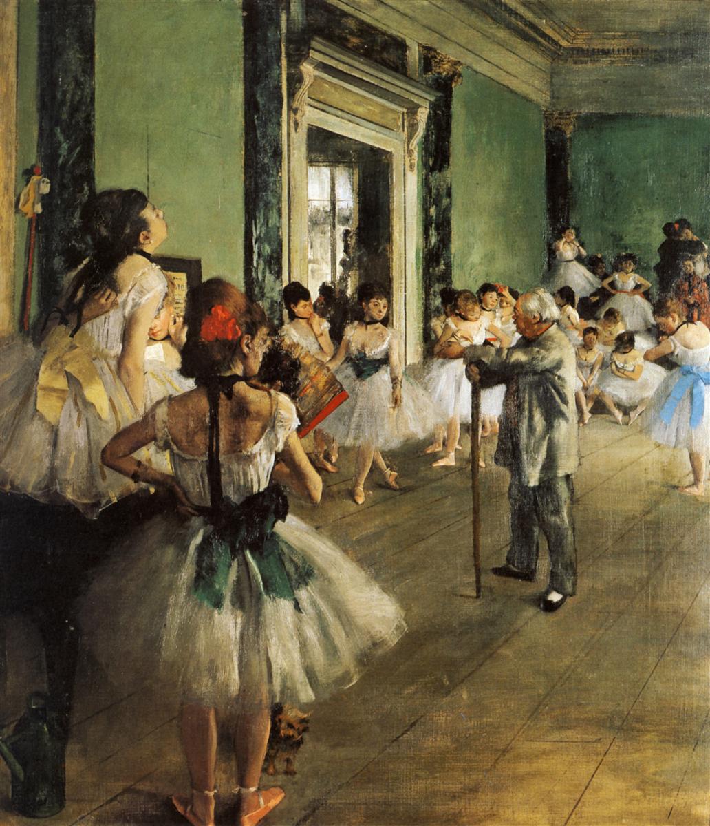 Edgar Degas’s 1874 painting “The Ballet Class” showing a ballet master instructing young dancers in white tutus inside a rehearsal studio with green walls, wooden floors, and softly lit interior space.