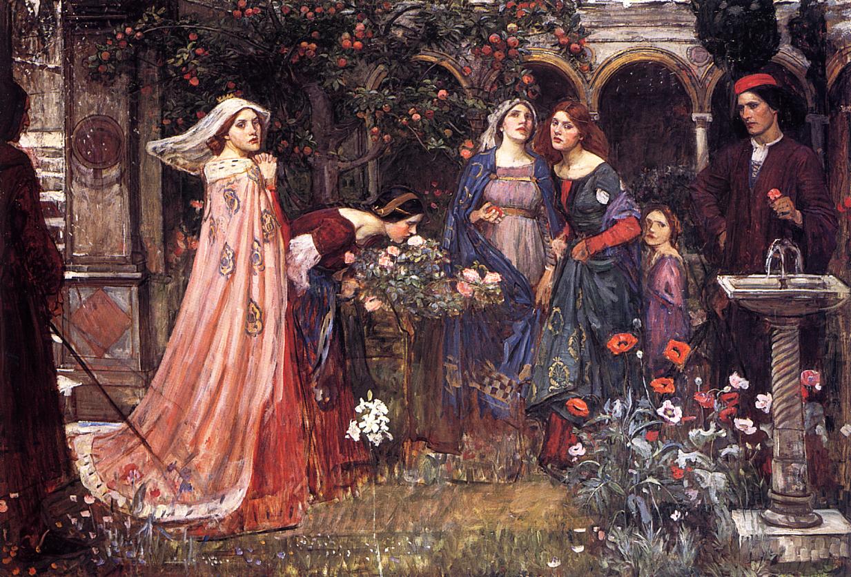 Waterhouse’s “The Enchanted Garden” (1917) shows medieval dressed women gathered around a flower covered table in a walled courtyard with arches, fruiting branches, red poppies, and a solemn man holding a flower beside a stone fountain.