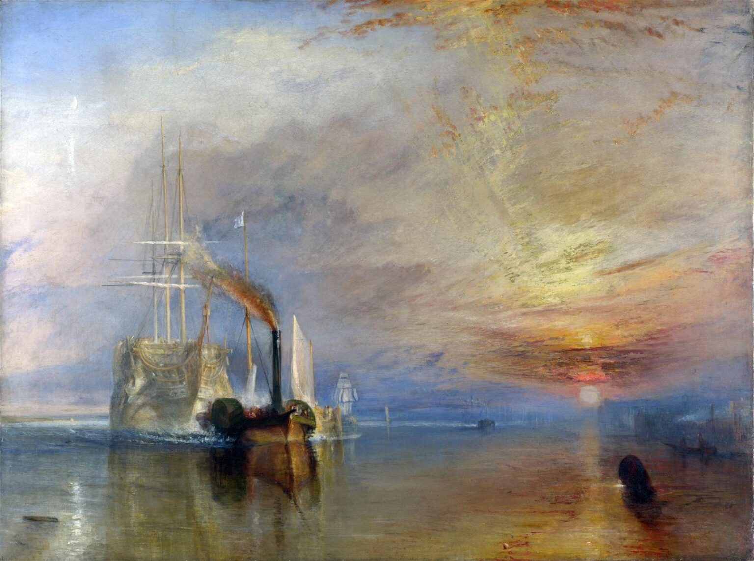 J.M.W. Turner’s “The Fighting Temeraire” showing the ghostly old warship being towed by a dark steam tug across calm water at sunset, with glowing orange and gold light reflected across the river.