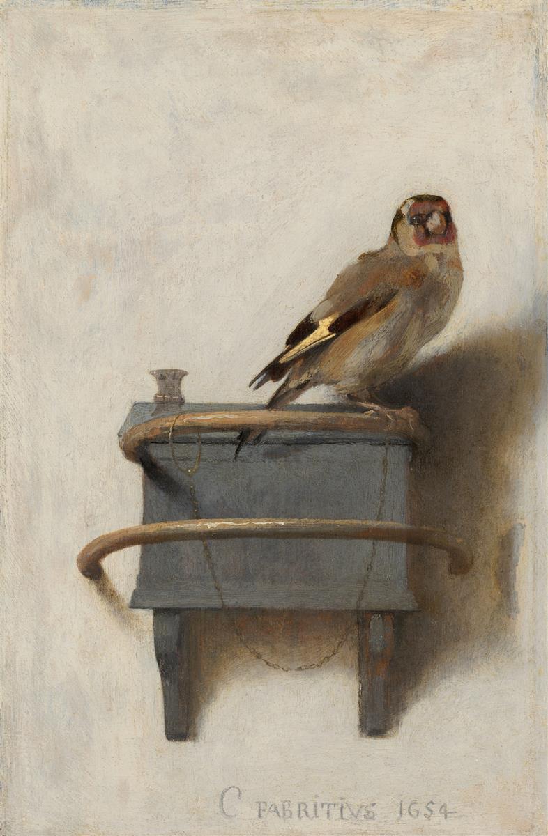 Carel Fabritius’s “The Goldfinch” shows a small chained goldfinch perched on a wooden box against a pale wall, painted with delicate light, soft shadow, and quiet realism in 1654.