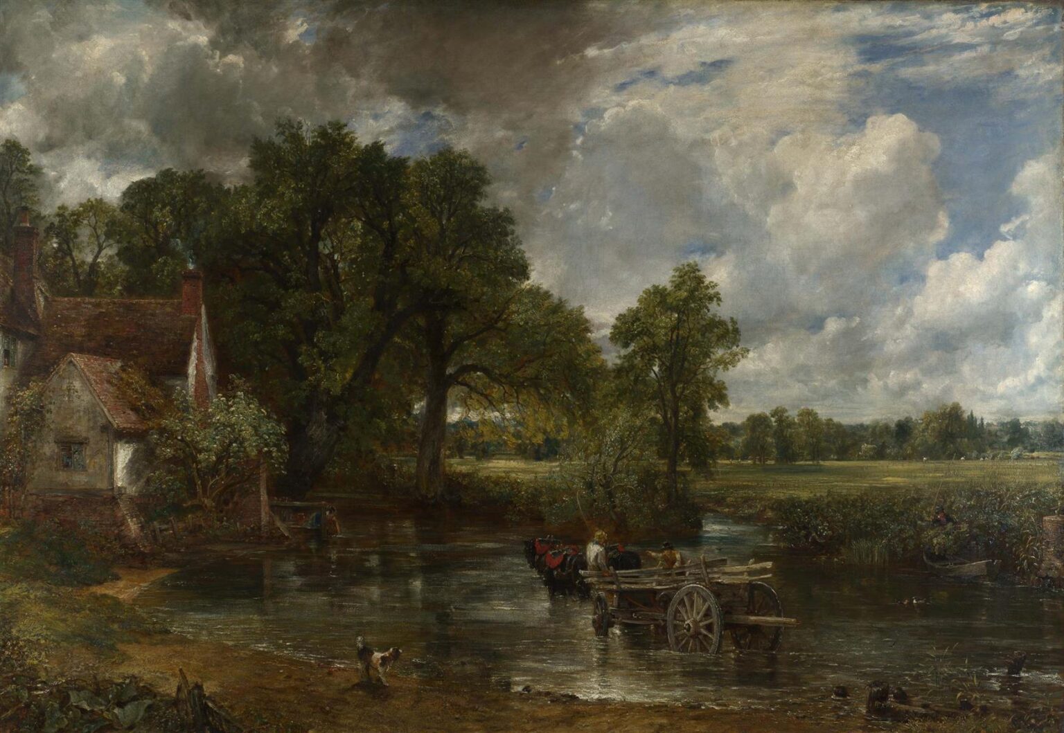 John Constable’s The Hay Wain shows a wooden wagon standing in a shallow river beside a cottage and large trees under a dramatic sky filled with towering clouds.