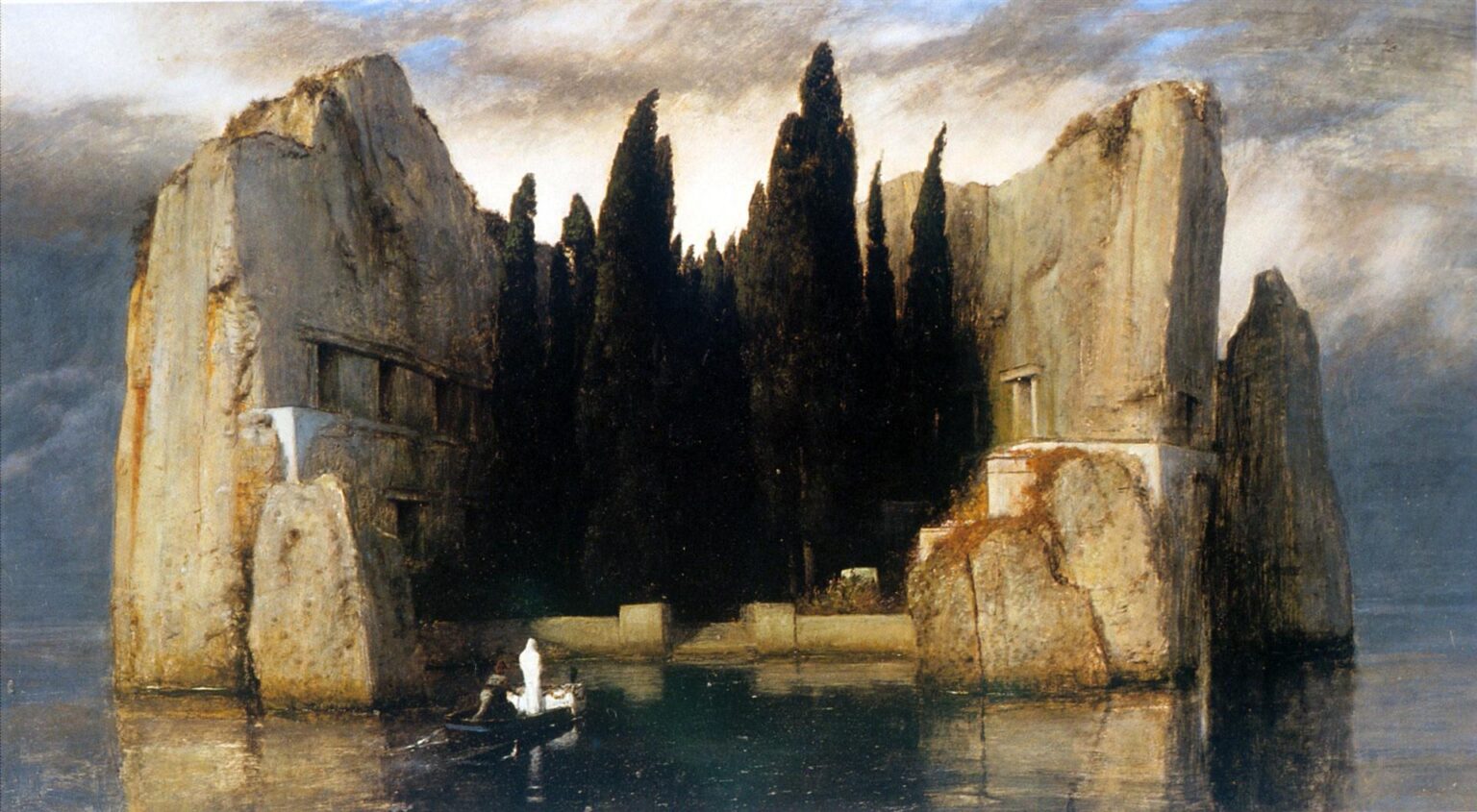 Arnold Böcklin’s 1883 painting “The Isle of the Dead,” showing a small boat carrying a white figure and coffin toward a rocky island filled with dark cypress trees and surrounded by still water under a cloudy sky.