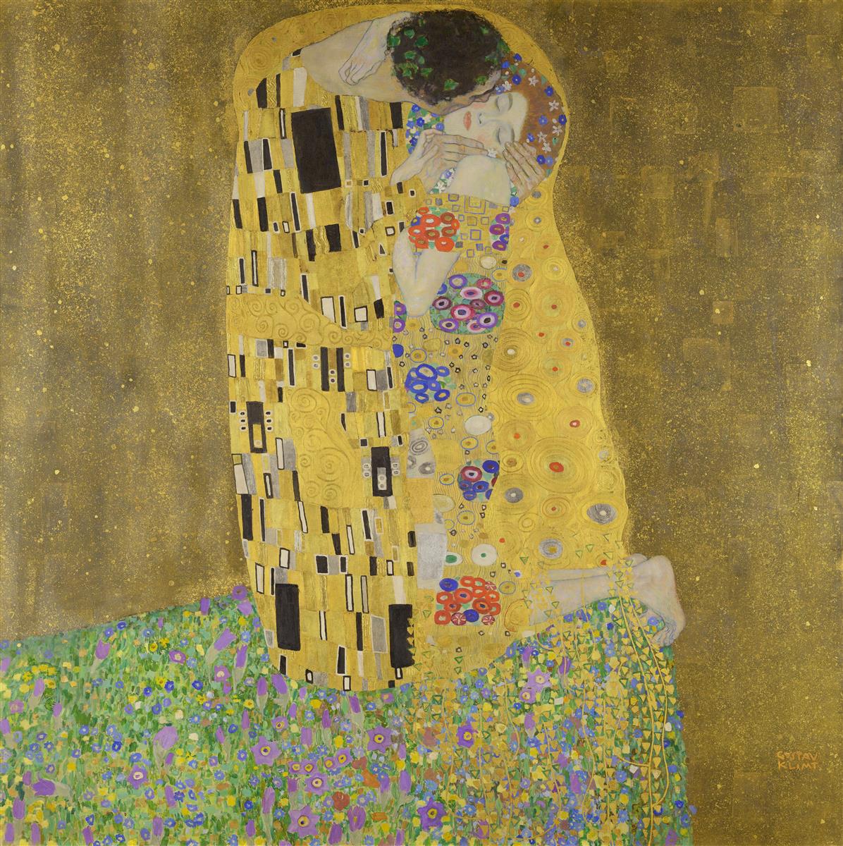 Gustav Klimt’s “The Kiss” shows a couple embracing in a flower-filled meadow, wrapped in shimmering gold robes decorated with geometric and floral patterns against a glowing golden background.