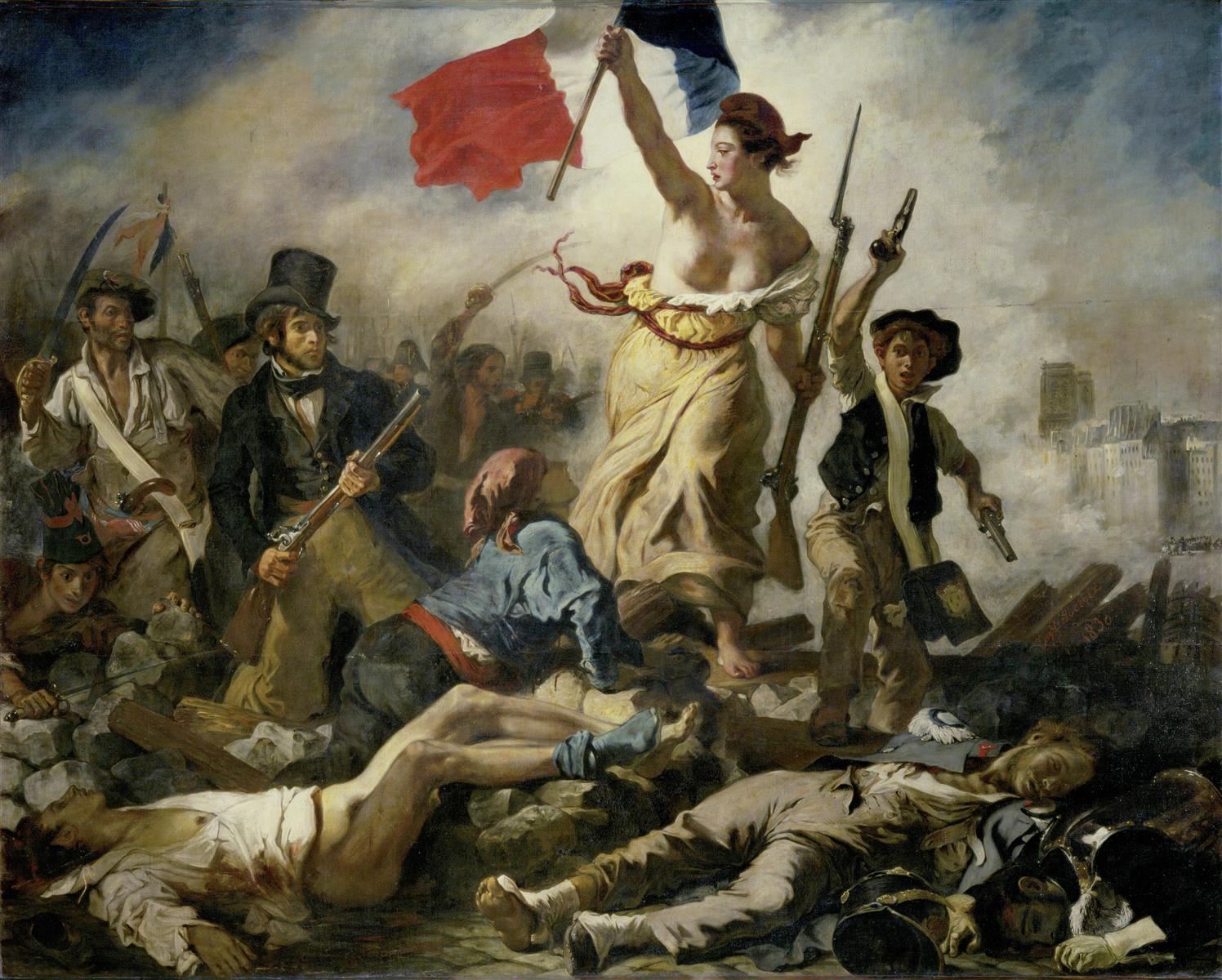 Eugene Delacroix’s “Liberty Leading the People” shows Liberty as a woman carrying the French tricolor and leading armed citizens over barricades and fallen bodies through a smoke filled revolutionary street.