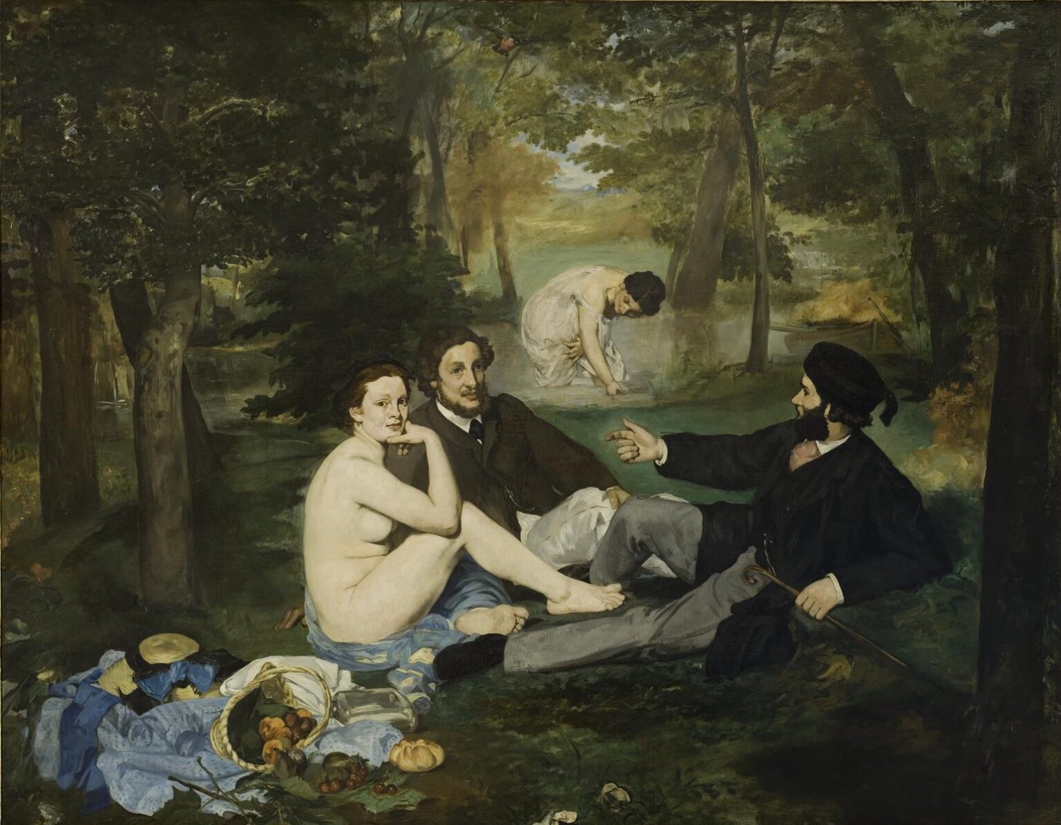 Edouard Manet’s The Luncheon on the Grass, painted in 1863, showing a nude woman seated beside two clothed men in a wooded picnic scene, with another female figure bathing in the background.