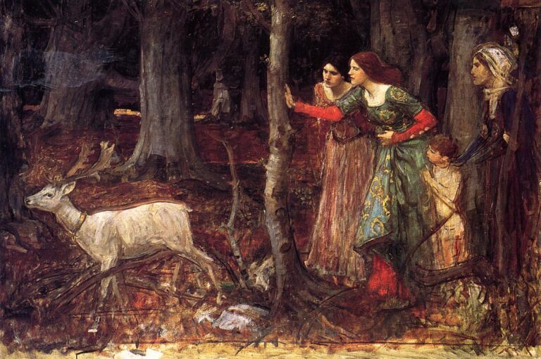 John William Waterhouse The Mystic Wood 1917 painting of a white stag moving through a dark forest while two women, a child, and an older hooded figure watch from behind trees.