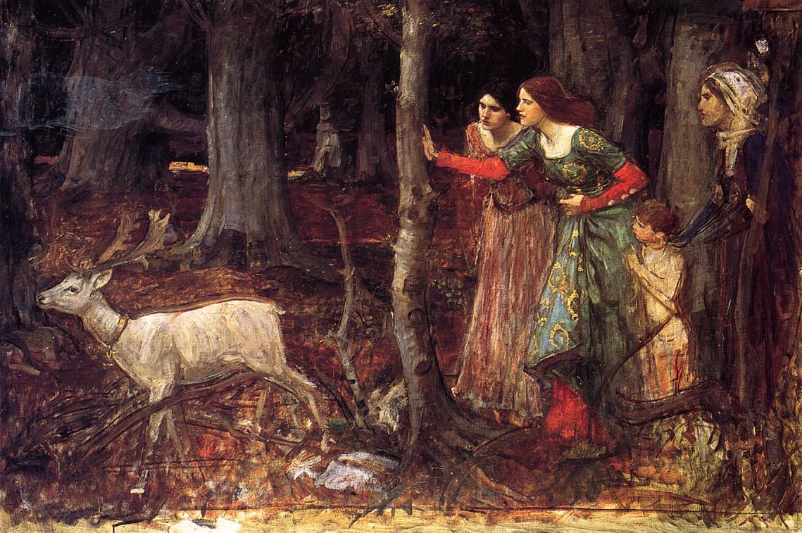 John William Waterhouse The Mystic Wood 1917 painting of a white stag moving through a dark forest while two women, a child, and an older hooded figure watch from behind trees.