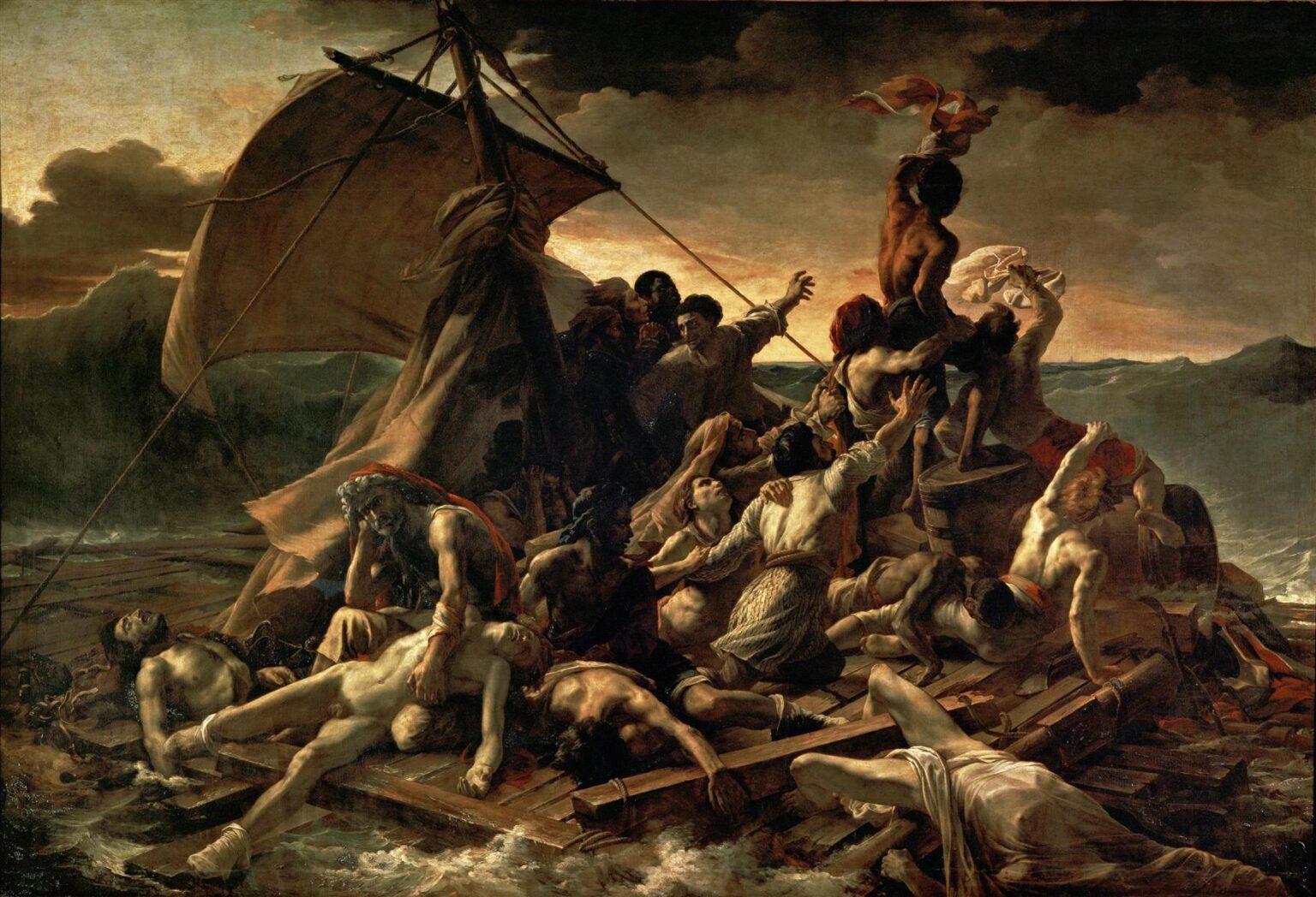 Théodore Géricault’s The Raft of the Medusa shows desperate shipwreck survivors crowded on a broken raft in a stormy sea, with dead bodies in the foreground and men signaling toward a distant ship on the horizon.