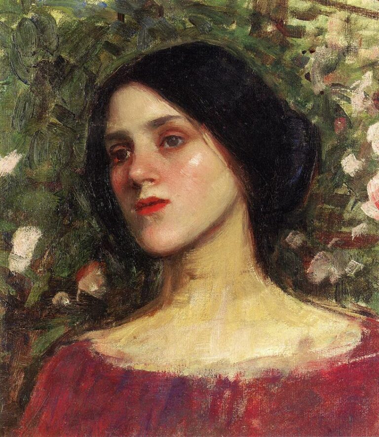 Close cropped portrait of a dark haired woman in a red dress set against a textured background of green foliage and pale roses, painted in a soft, atmospheric style by John William Waterhouse.