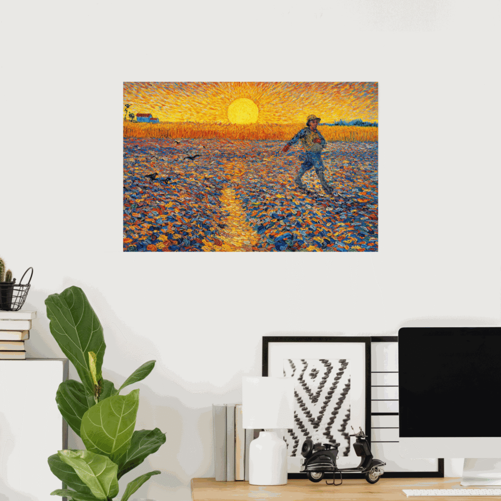 Poster of The Sower by Vincent van Gogh, showing a farmer scattering seeds across a field at sunset in vivid yellow, orange, and blue tones, displayed on a home office wall.