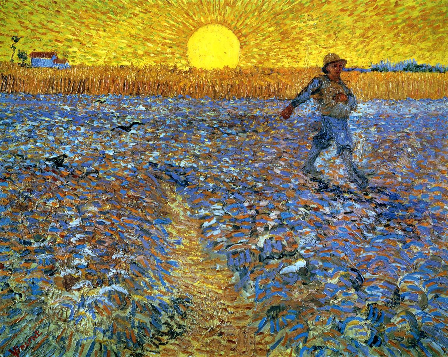 Vincent van Gogh’s The Sower from 1888, showing a farmer scattering seed across a blue and ocher plowed field beneath a huge glowing yellow sun and a radiant golden sky.