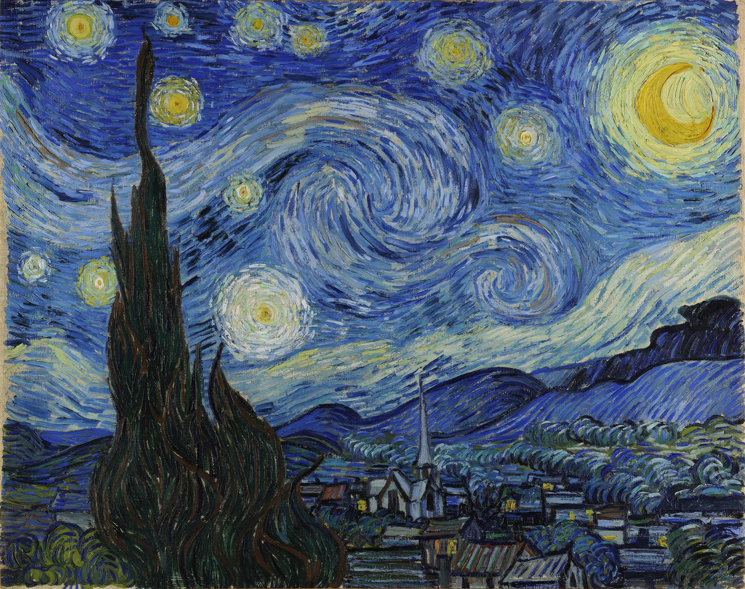 Vincent van Gogh’s The Starry Night, painted in 1889, showing a quiet village beneath a dramatic night sky filled with glowing stars, a bright moon, swirling blue clouds, rolling hills, and a tall dark cypress in the foreground.