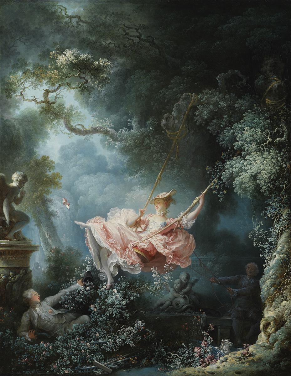 Jean-Honore Fragonard’s The Swing, painted in 1767, showing a young woman in a flowing pink dress soaring on a swing through a lush garden while hidden figures watch among flowers, trees, and sculptural details.