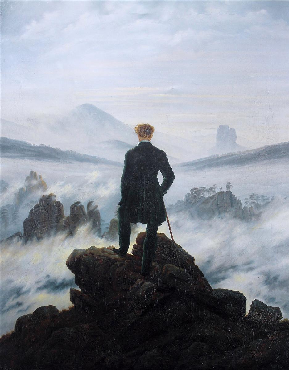 Caspar David Friedrich’s “The Wanderer Above the Sea of Fog” showing a lone man standing on a rocky peak with a cane, overlooking a vast mist filled mountain landscape.