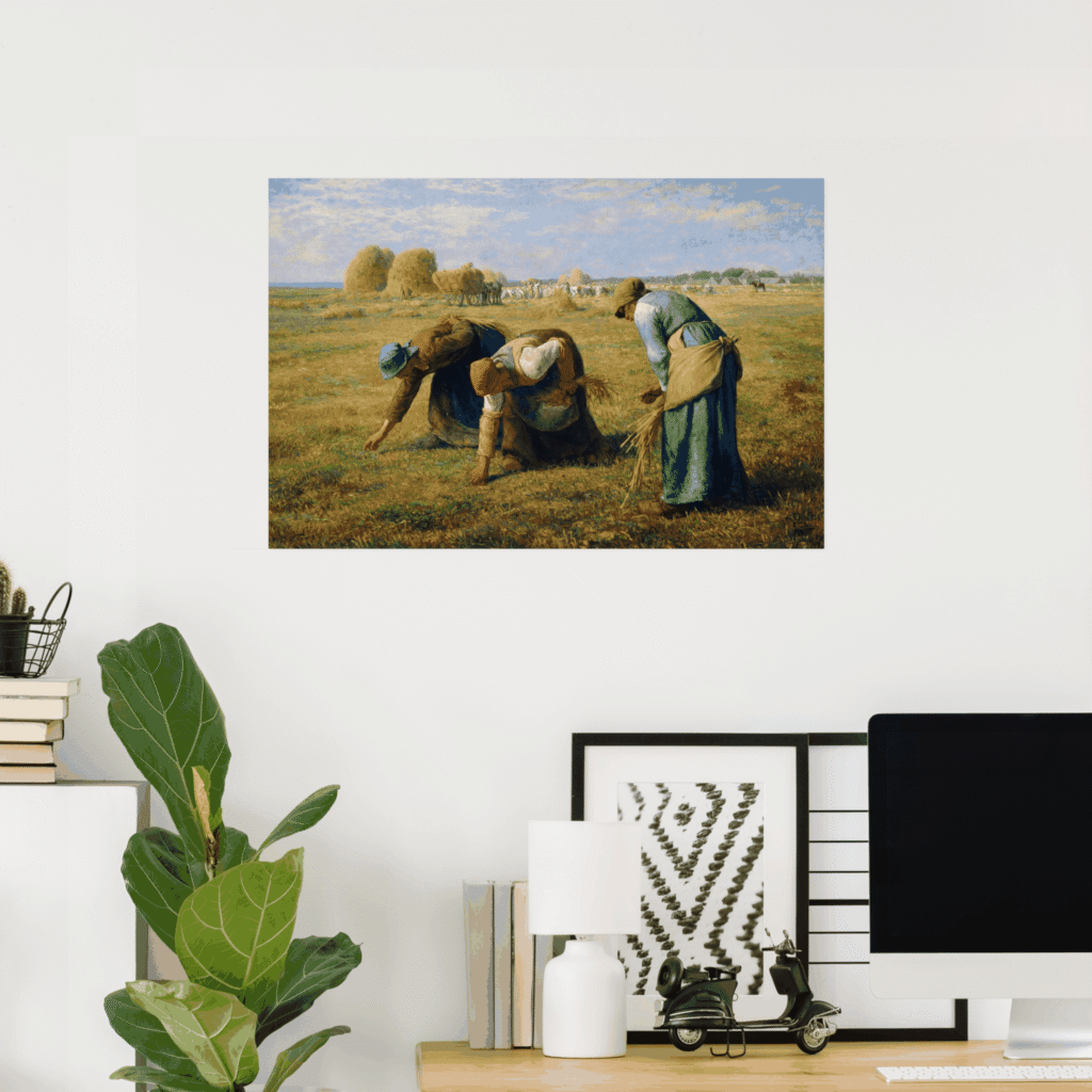 Poster of The Gleaners by Jean-Francois Millet, featuring three peasant women gathering leftover wheat in a sunlit rural field under a soft blue sky.