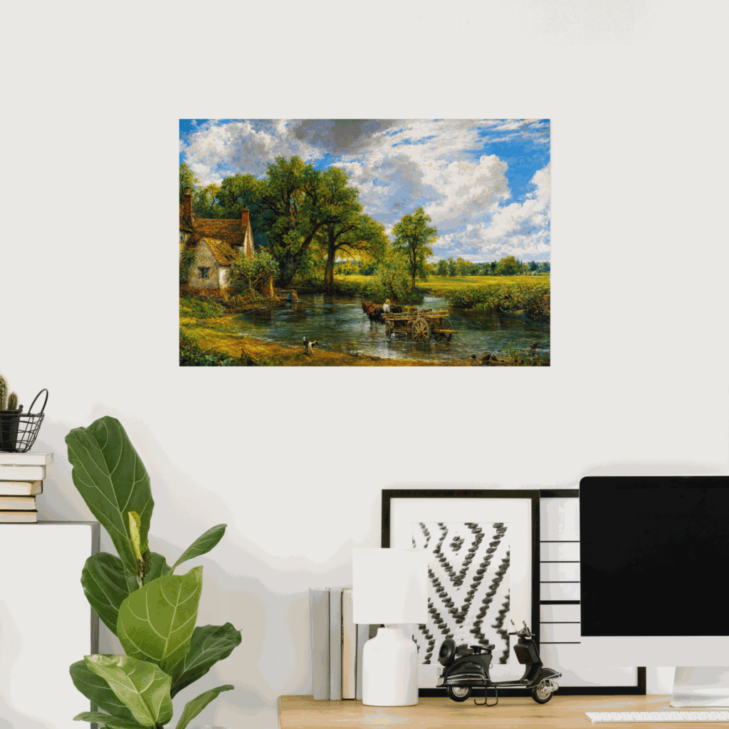 Poster of The Hay Wain by John Constable, featuring a peaceful English countryside scene with a horse-drawn cart crossing a shallow river beside a cottage under a dramatic cloud-filled sky.