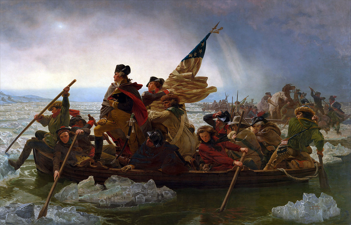 Emanuel Leutze’s 1851 painting “Washington Crossing the Delaware,” showing George Washington standing in a crowded boat as soldiers push through icy water under a dramatic winter sky.