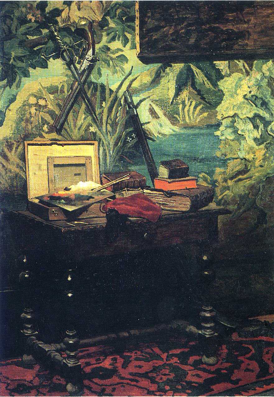 Claude Monet’s A Corner of the Studio shows a dark wooden table covered with books, papers, fabric, and framed material, set against lush green foliage in a shadowy studio interior.