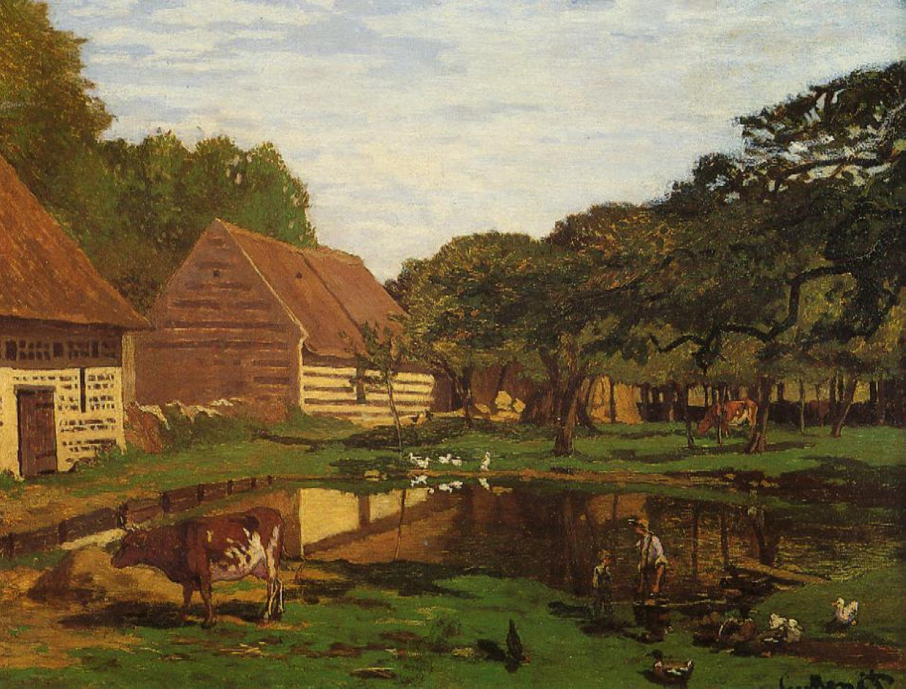 Claude Monet’s “A Farmyard in Normandy” depicts a quiet rural farm scene with wooden barns, trees, cows, ducks, figures near a reflective pond, and a pale sky above the Norman countryside.