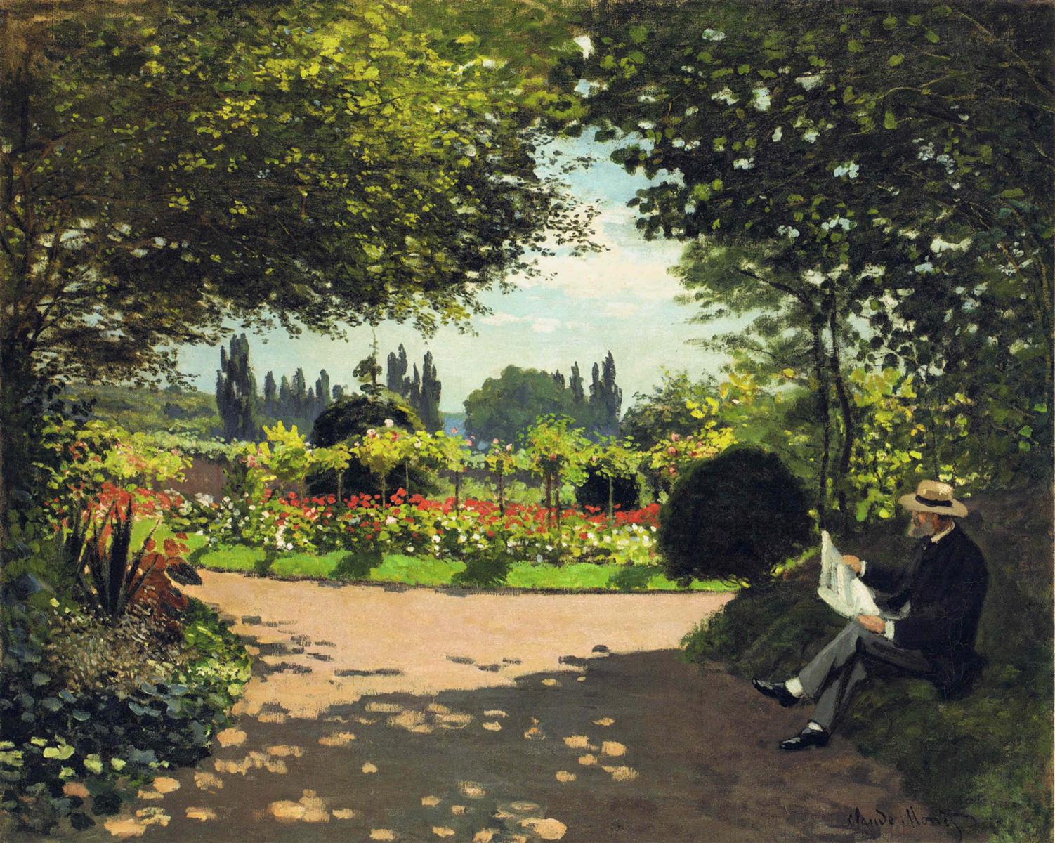 Claude Monet’s 1866 painting “Adolphe Monet Reading in the Garden” shows a man seated in deep shade at the edge of a lush garden, reading quietly while sunlight filters through dense green trees onto a path and bright flowerbeds.