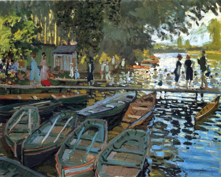 Claude Monet’s Bathers at La Grenouillere shows a lively riverside leisure scene with rowboats in the foreground, elegantly dressed figures on a narrow walkway, bathers in sparkling water, and sunlight filtering through dense trees.
