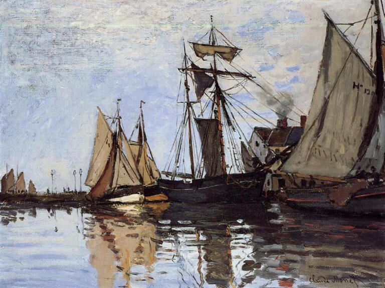 Claude Monet’s “Boats in the Port of Honfleur” shows several sailboats and dark harbor vessels resting on calm water beneath a pale sky, with shimmering reflections and delicate rigging defining the quiet port scene.