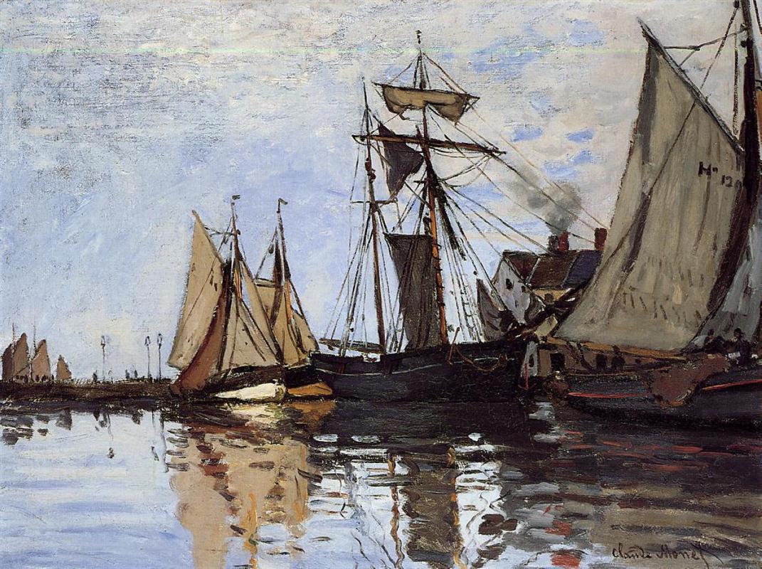 Claude Monet’s “Boats in the Port of Honfleur” shows several sailboats and dark harbor vessels resting on calm water beneath a pale sky, with shimmering reflections and delicate rigging defining the quiet port scene.