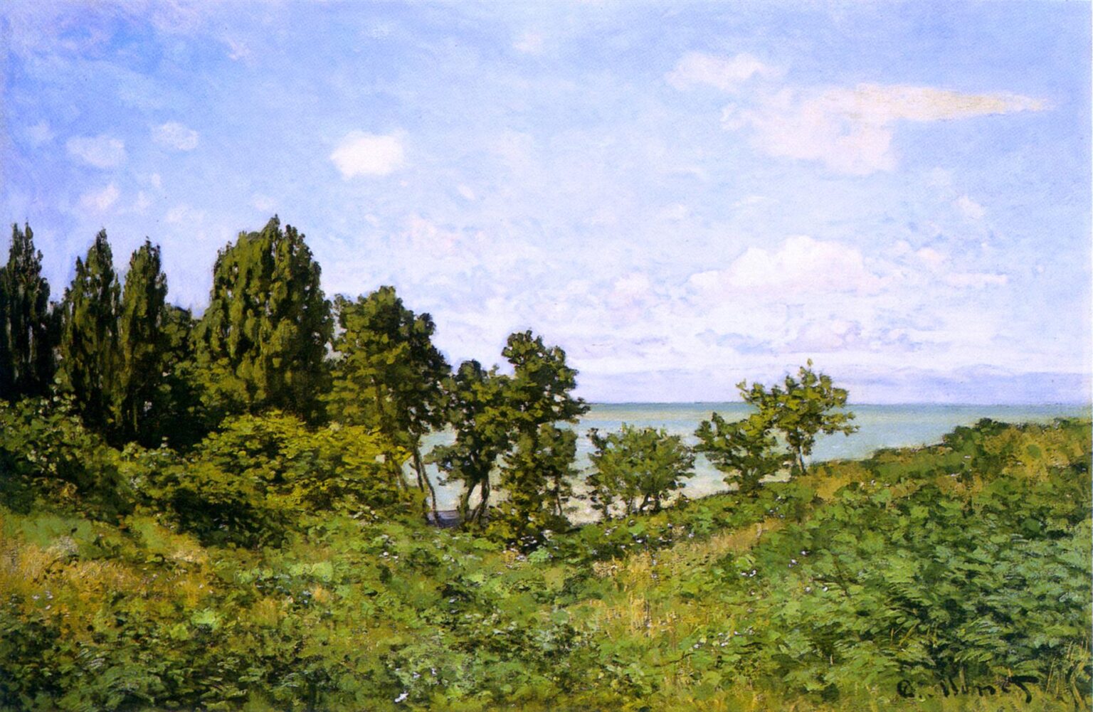Claude Monet’s “By the Sea” shows a lush green coastal landscape with dense shrubs and trees in the foreground, a pale strip of sea in the distance, and a wide blue sky filled with soft clouds.