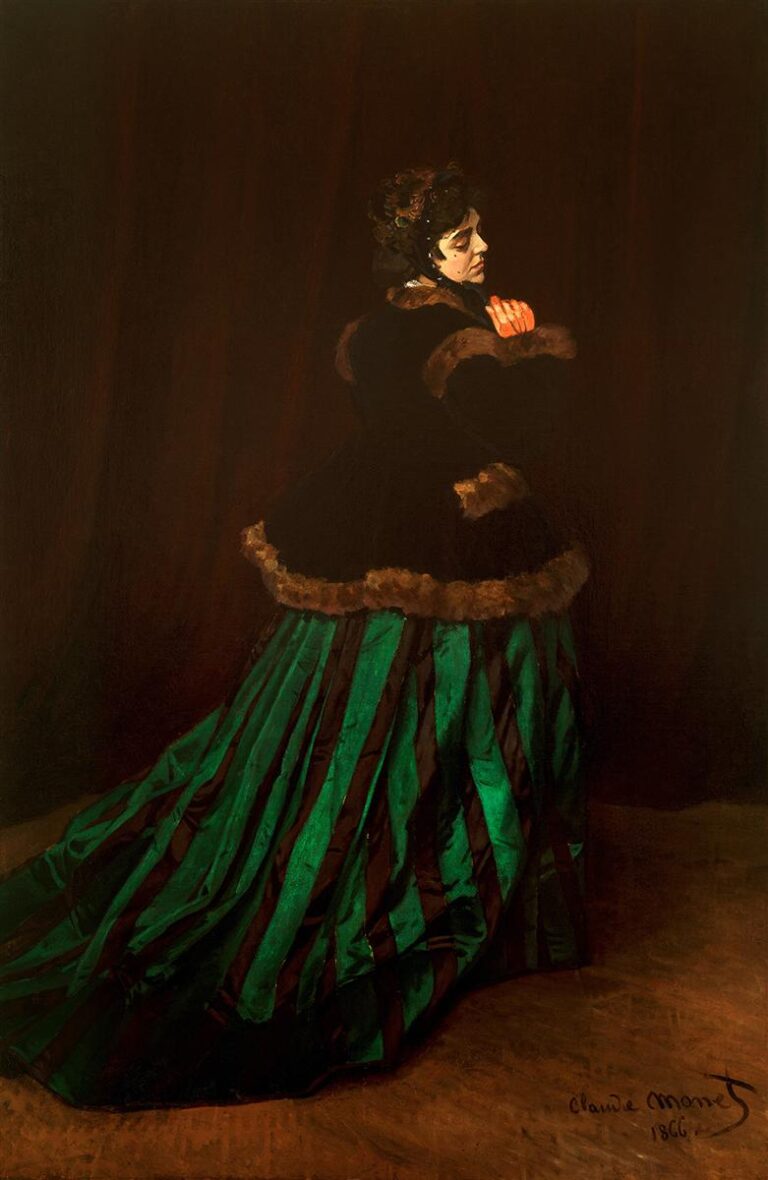 Claude Monet’s 1866 painting “The Woman in a Green Dress,” showing a woman turned partly away in a dark fur-trimmed jacket and a sweeping green gown against a deep brown curtain background.
