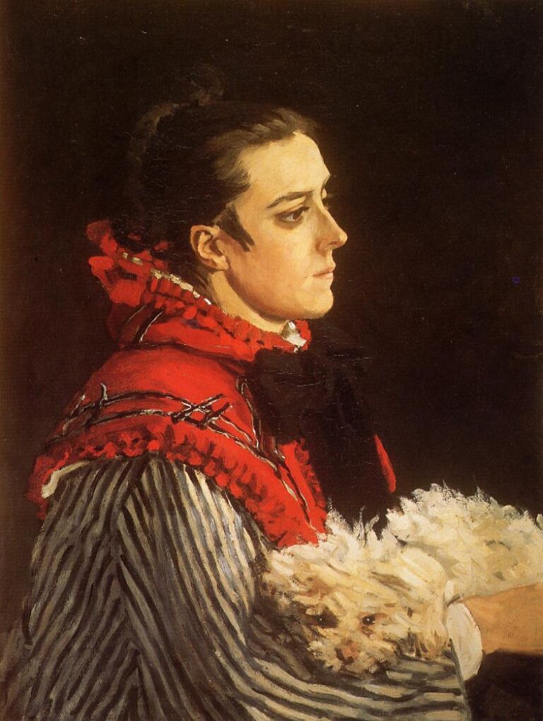 Claude Monet’s “Camille with a Small Dog” shows Camille Doncieux in profile against a dark background, wearing a striped dress with vivid red trim and holding a small white dog in her arms.